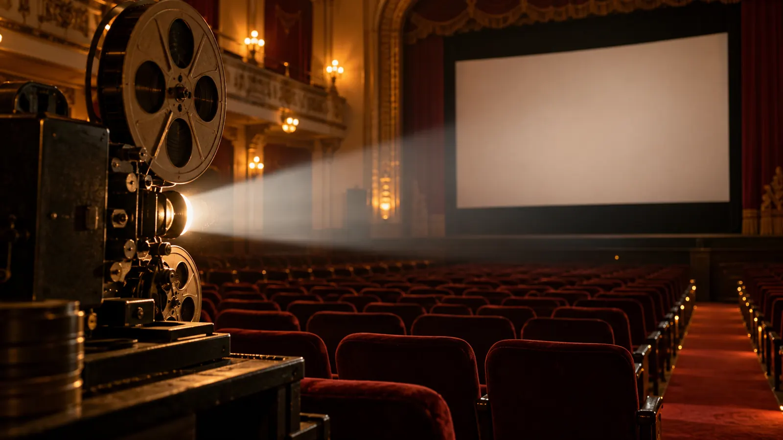 Proyector de cine clásico encendido frente a una sala con butacas vacías