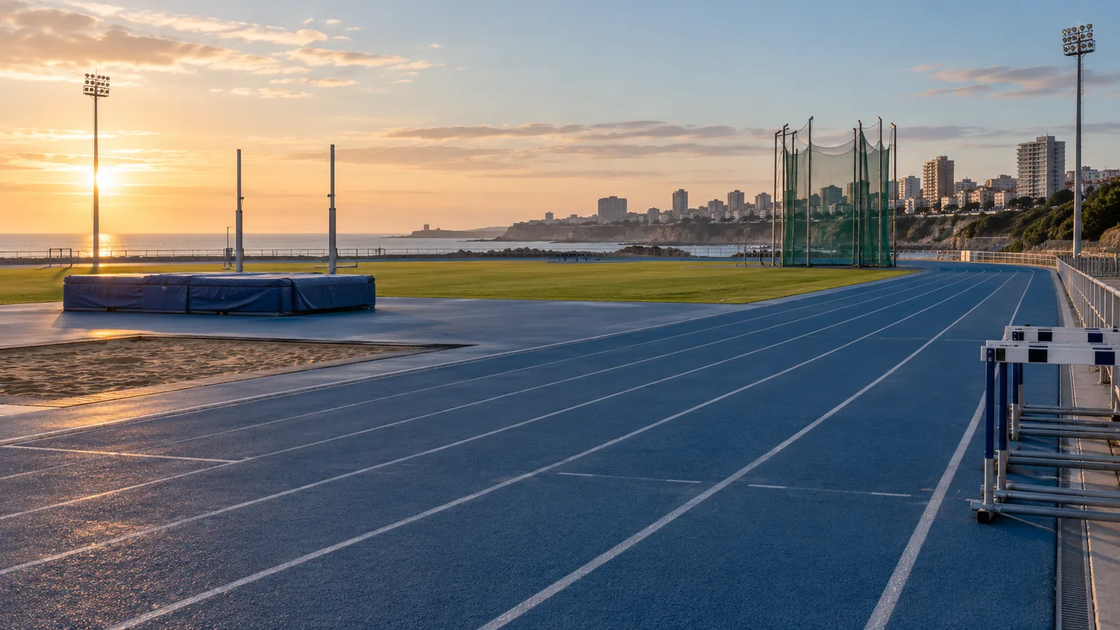 Pista de atletismo junto al mar con colchonetas de salto y vallas