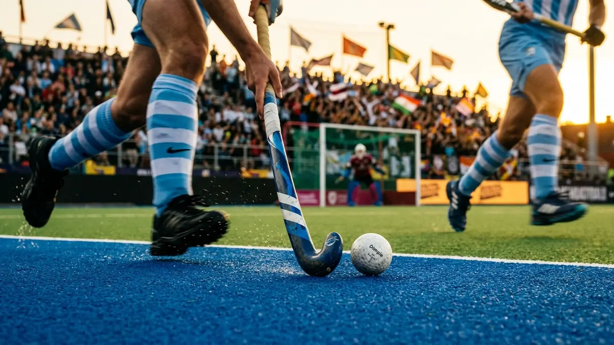 Jugadores de hockey sobre césped en acción durante una jugada de córner corto en cancha sintética profesional