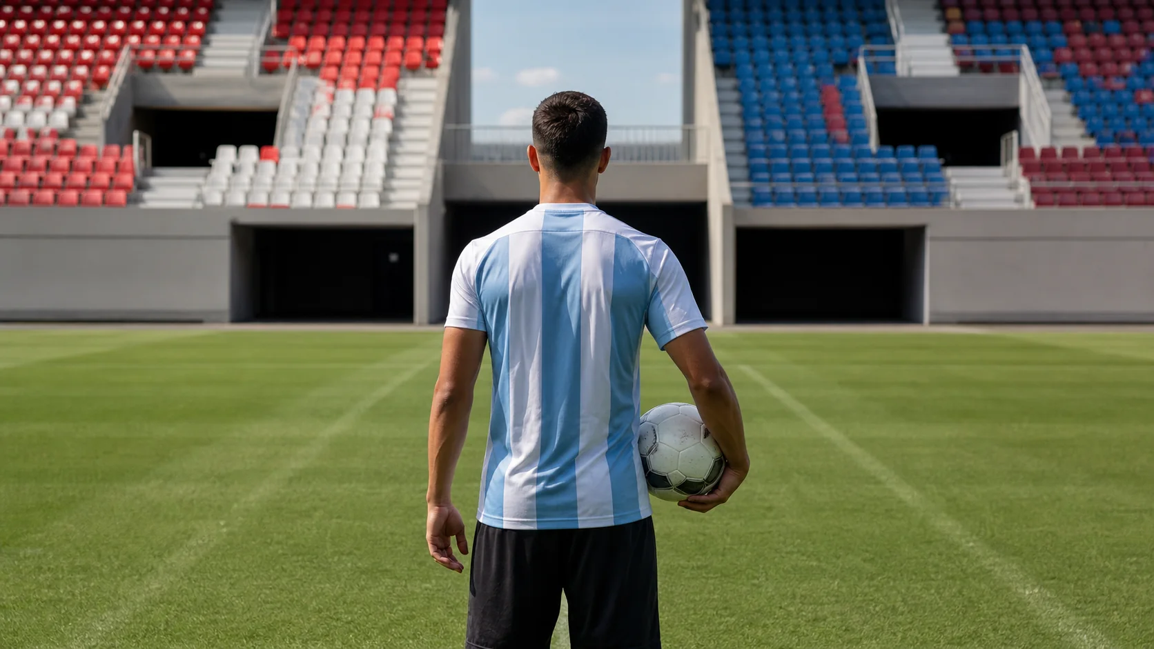 Futbolista argentino de espaldas con una pelota frente a dos sectores de tribunas de distintos colores