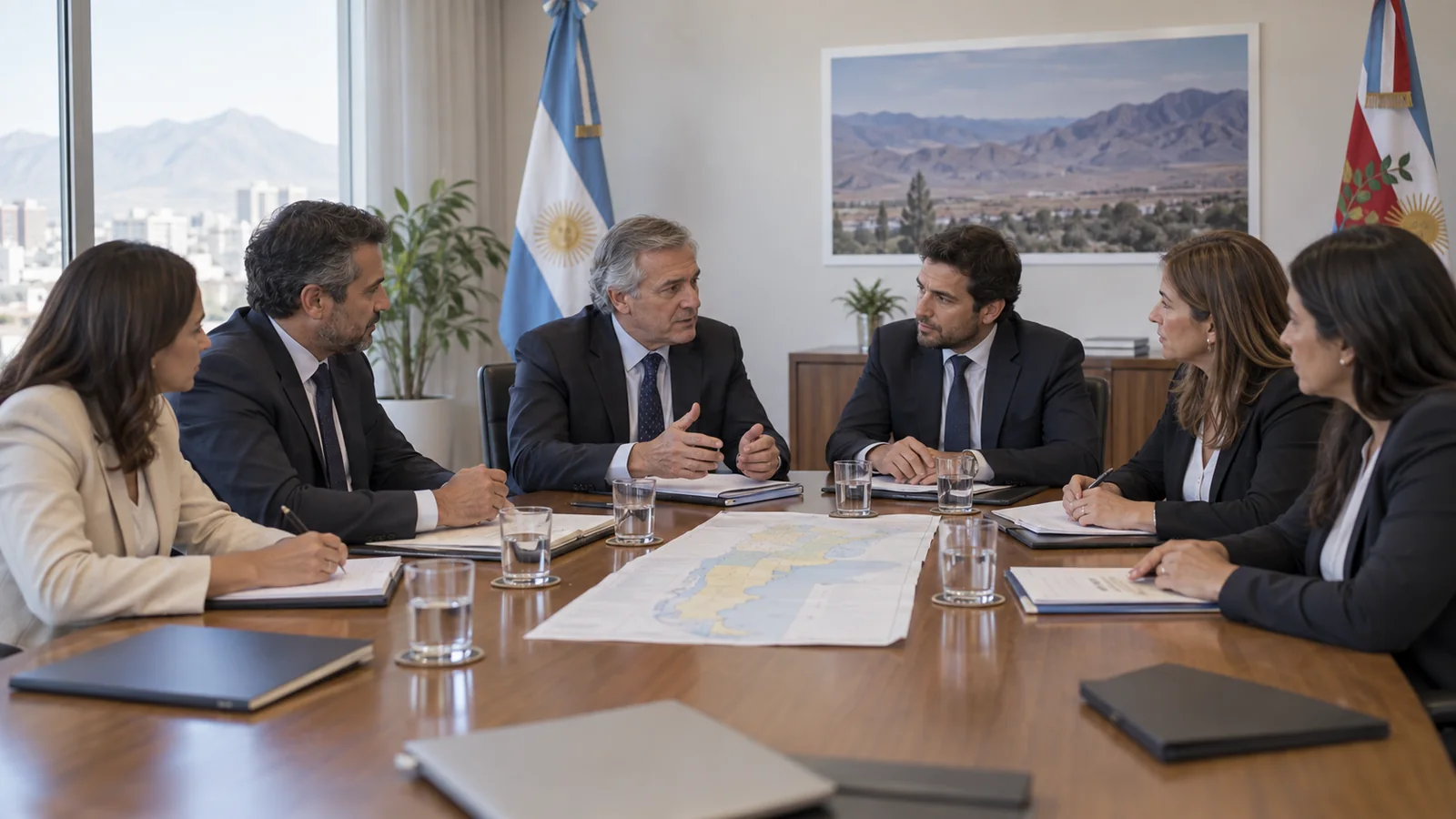 Autoridades reunidas alrededor de una mesa de trabajo con mapas de Argentina y Catamarca