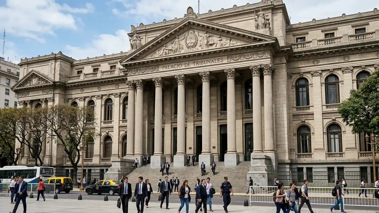 Fachada monumental del Palacio de Tribunales en la Ciudad de Buenos Aires con sus columnas y escalinatas de acceso