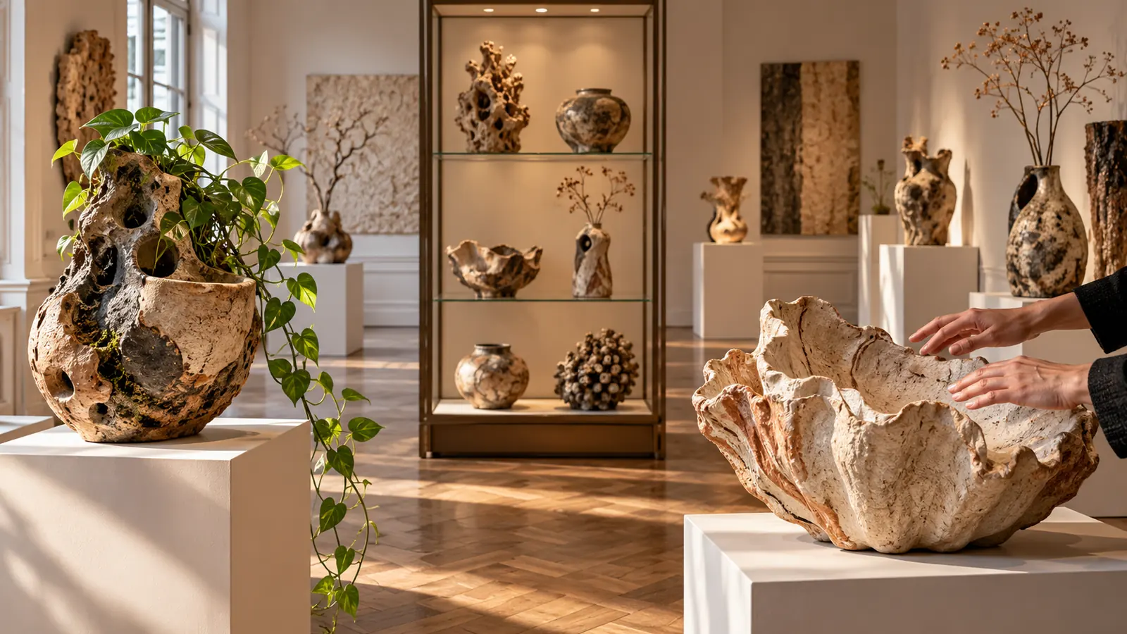 Sala de exposición con esculturas cerámicas, elementos botánicos y una instalación táctil