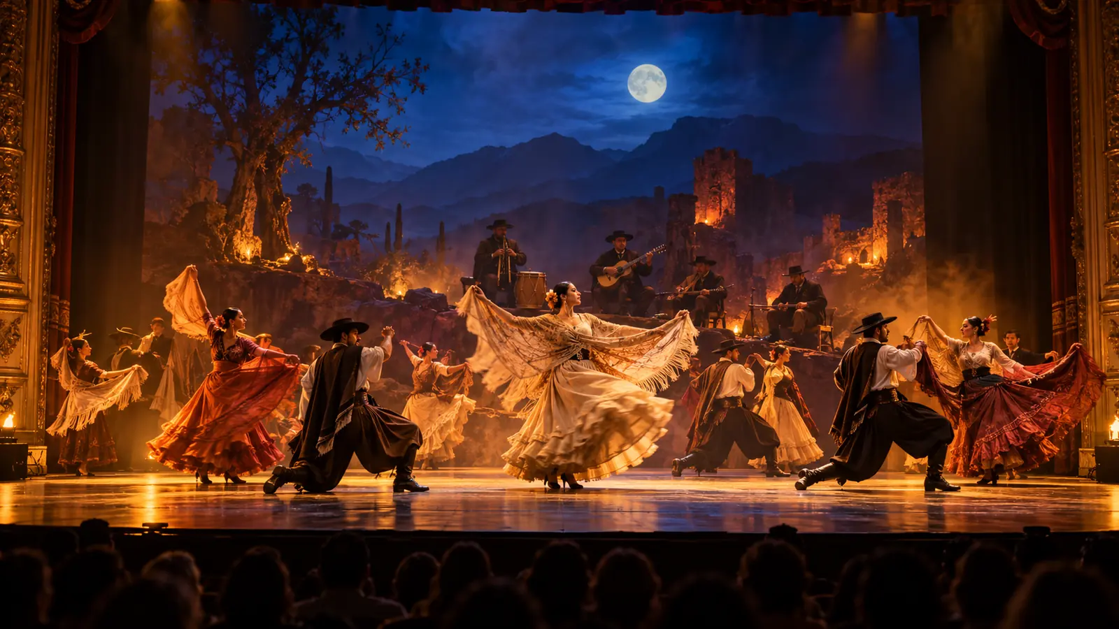 Elenco de danza folclórica actúa en un escenario teatral con iluminación nocturna azul y ámbar