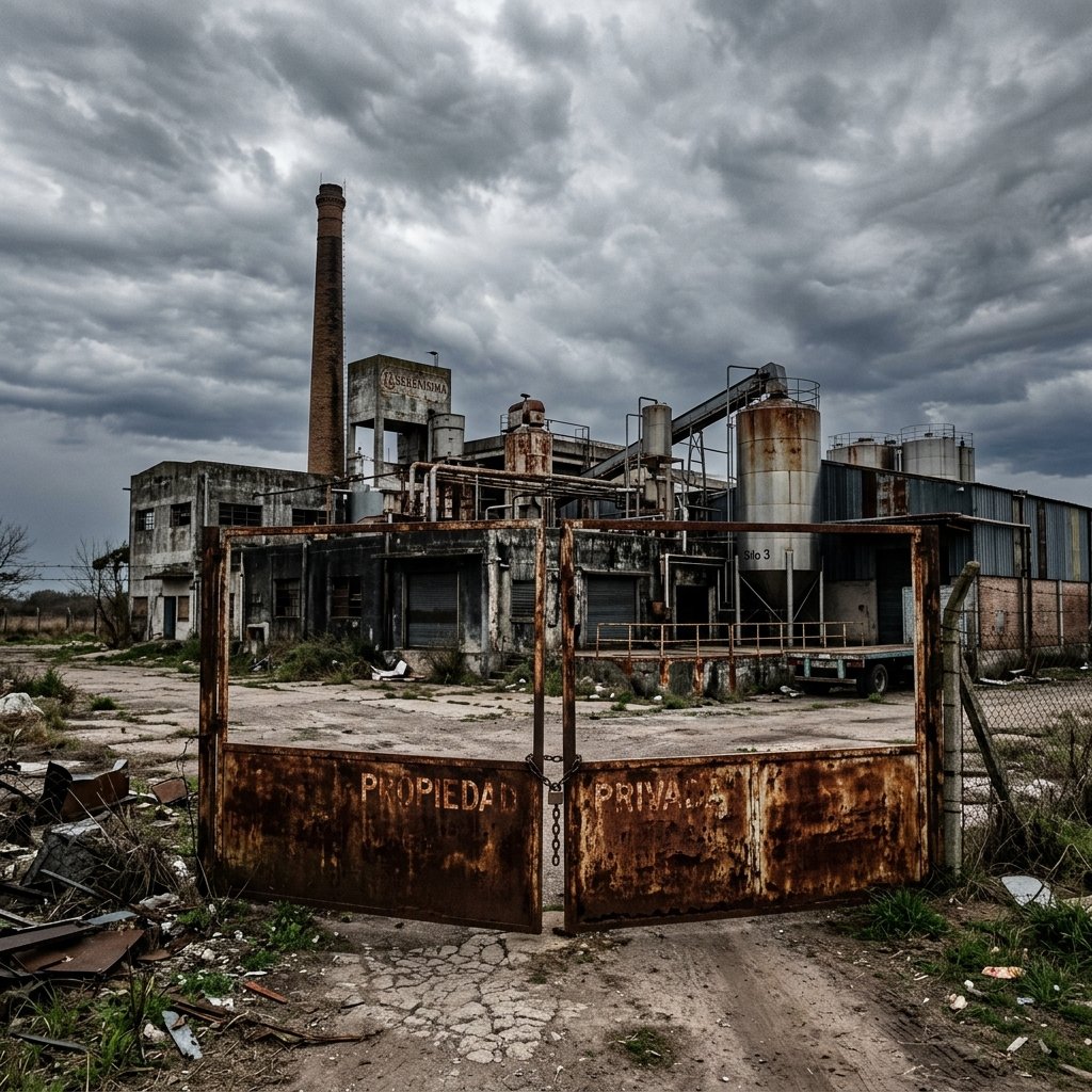 Fotografía editorial que muestra los portones oxidados y las instalaciones fabriles abandonadas de una planta industrial en Argentina, bajo un cielo plomizo, reflejando la crisis y el cierre definitivo.