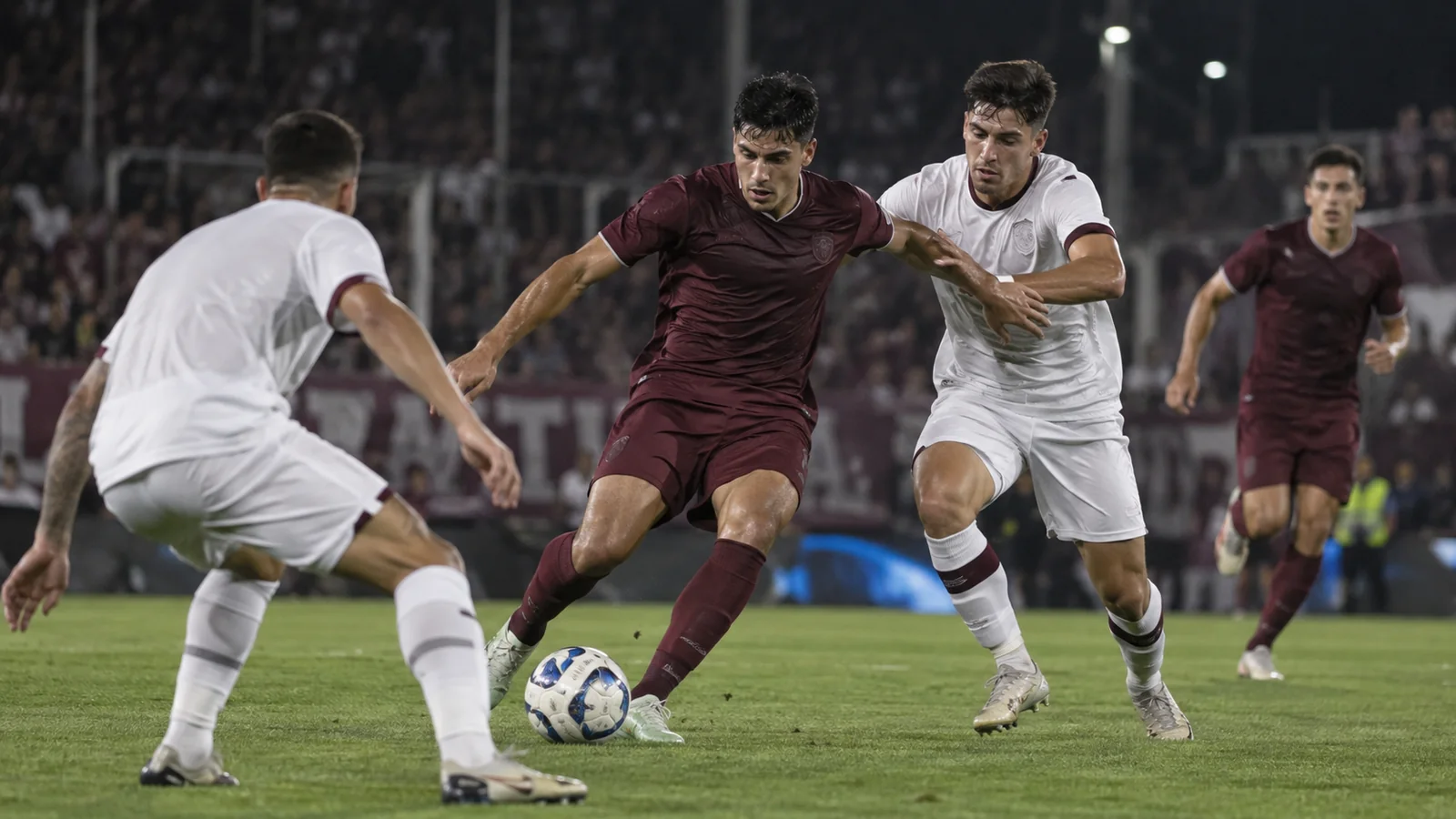 Futbolistas con camisetas granate y blanca disputan una pelota en un estadio nocturno