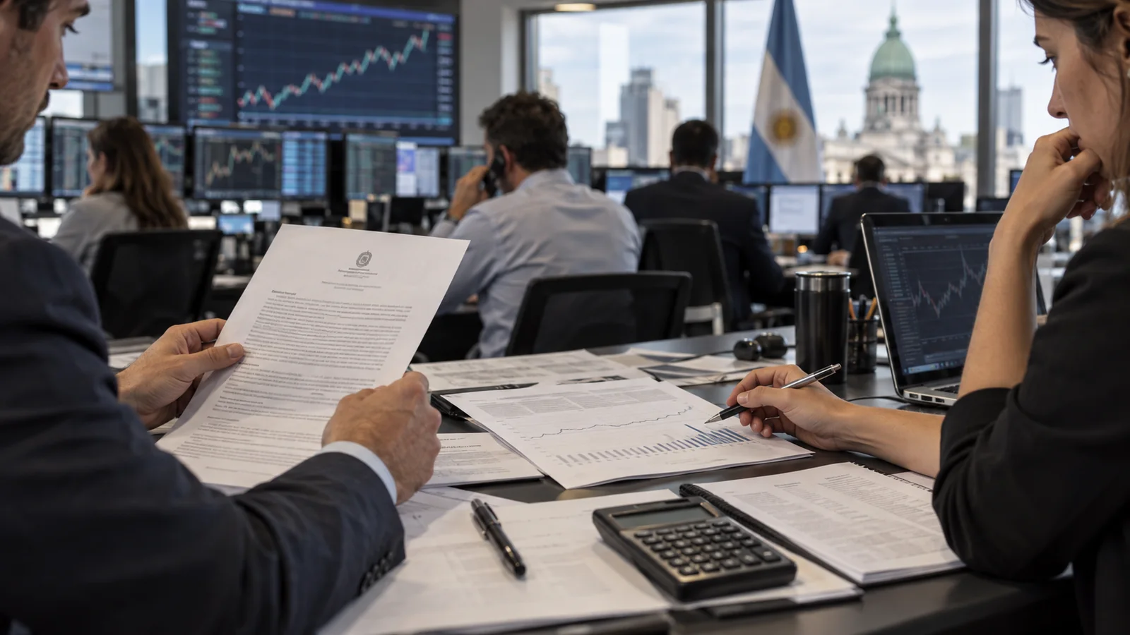 Analistas revisan documentos y gráficos financieros en una mesa de operaciones