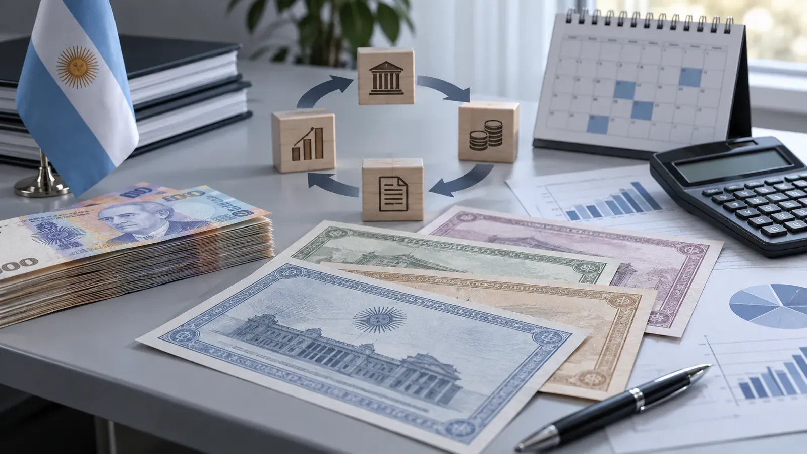 Ilustración editorial financiera con billetes argentinos y bloques que representan instrumentos del Tesoro