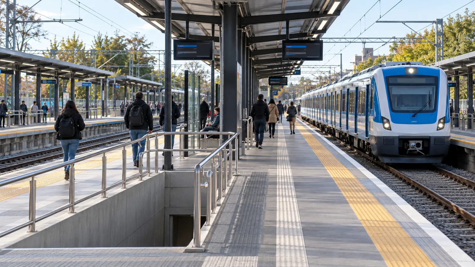 Tren suburbano detenido junto a un andén central con rampas y baldosas táctiles