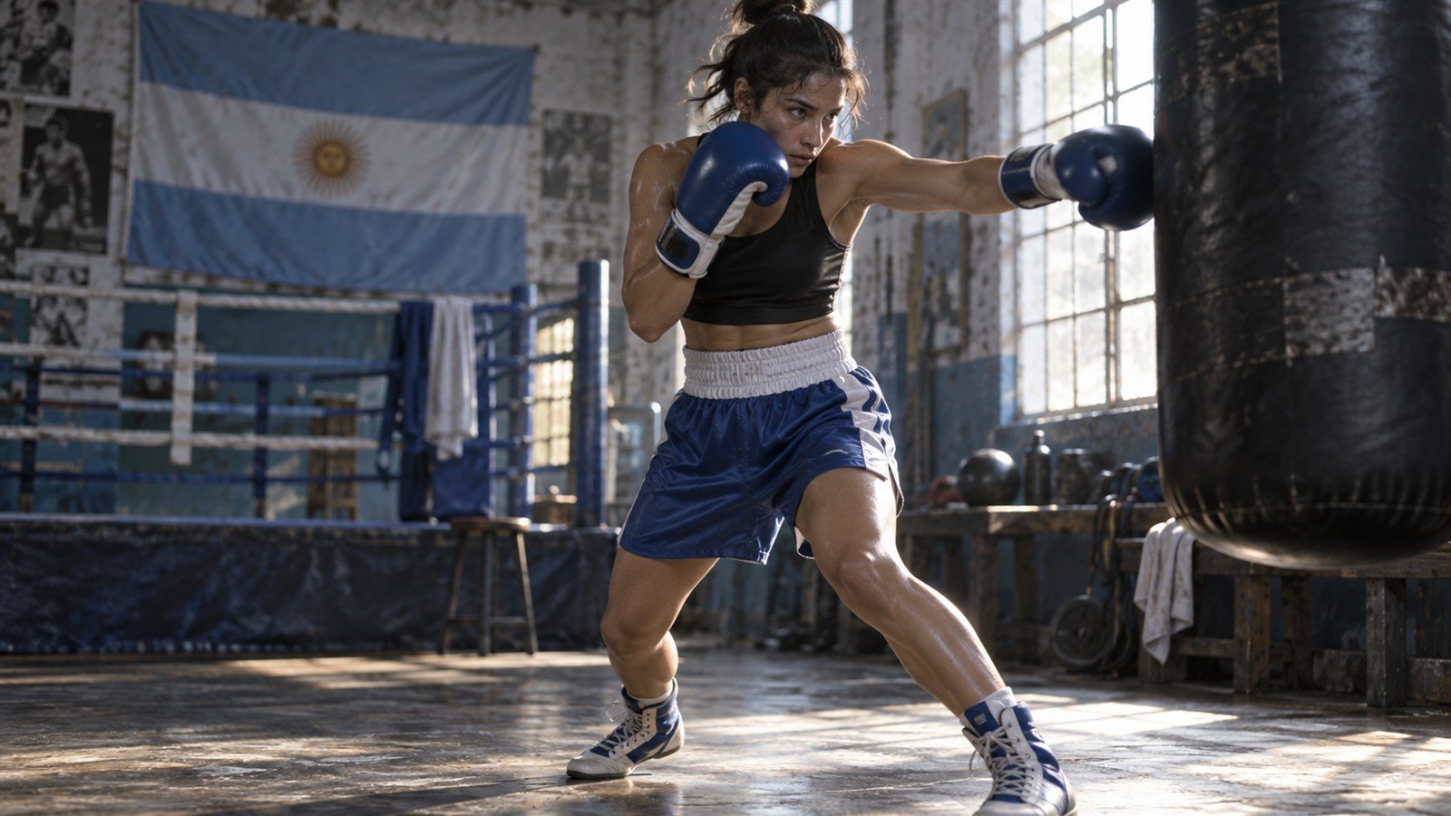 Boxeadora argentina entrena frente a una bolsa en un gimnasio