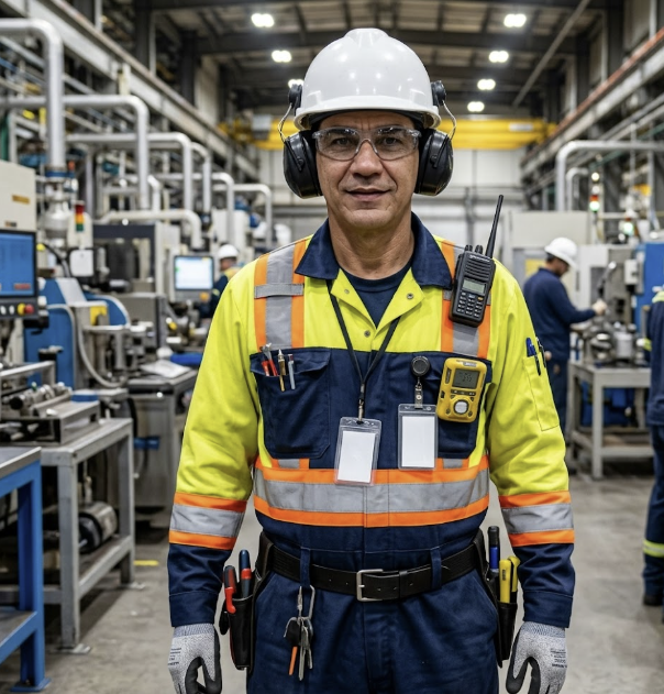 Luis Alirio Casadiego Mejía con equipamiento completo de seguridad industrial
