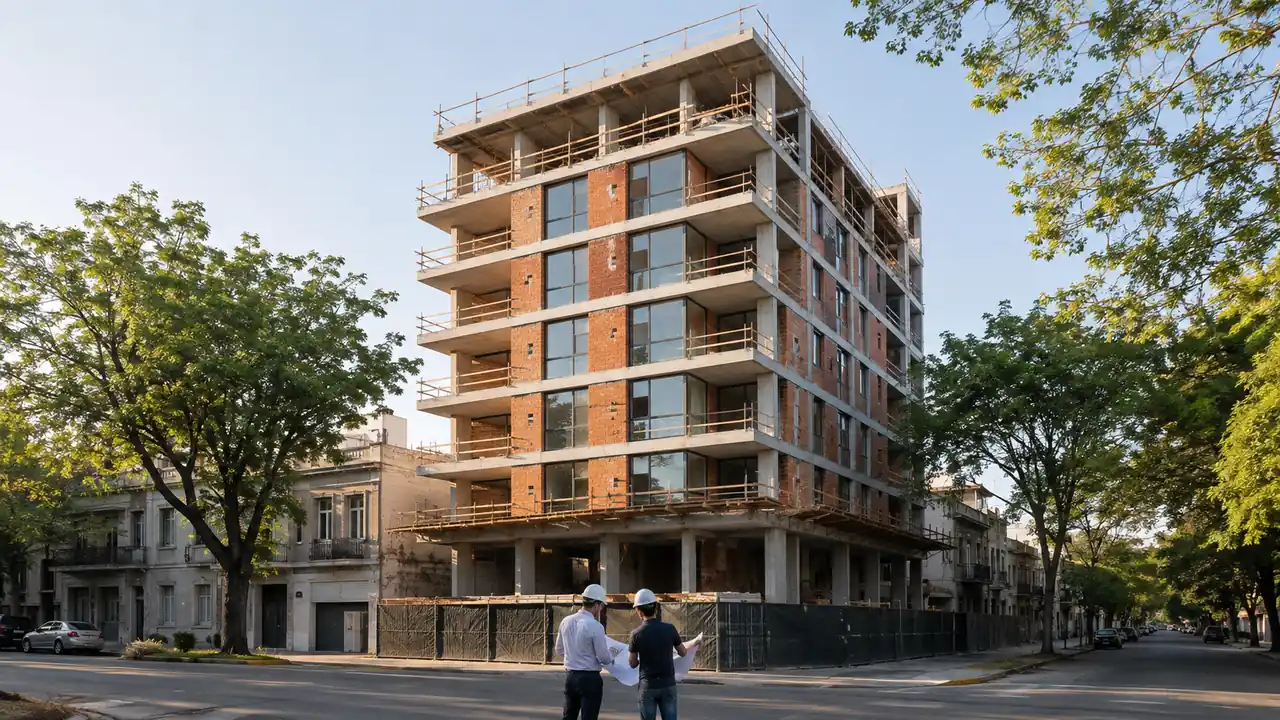 Edificio residencial en construcción y profesionales revisando planos en una calle arbolada