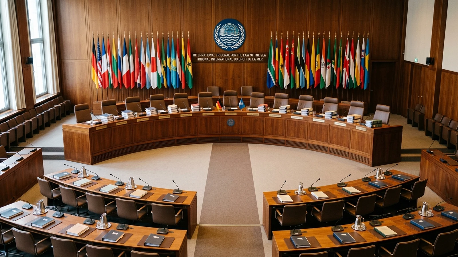 Sala de audiencias del Tribunal Internacional del Derecho del Mar en Hamburgo con estrado y banderas de los Estados miembros