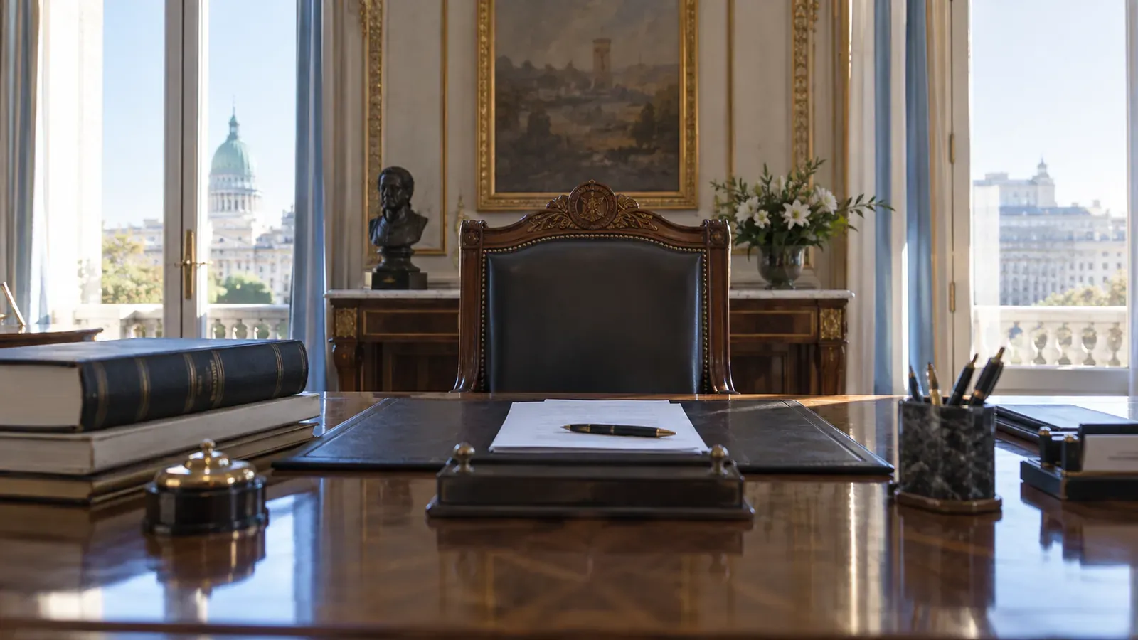 Ilustración editorial de un despacho institucional vacío con el Congreso al fondo