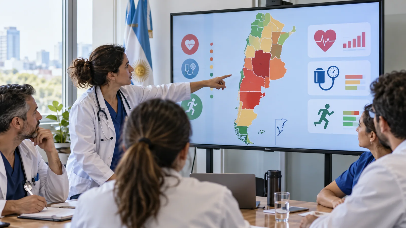 Profesionales de salud observan un mapa de Argentina con indicadores cardiovasculares