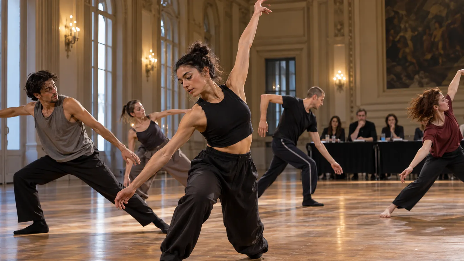 Bailarines profesionales participan de una audición de danza contemporánea ante un jurado en una sala cultural