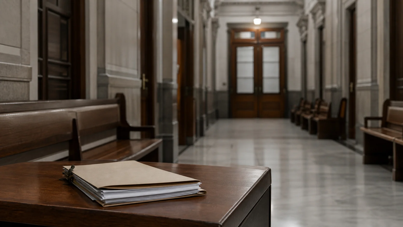 Pasillo de tribunales vacío con una puerta de sala de audiencias al fondo