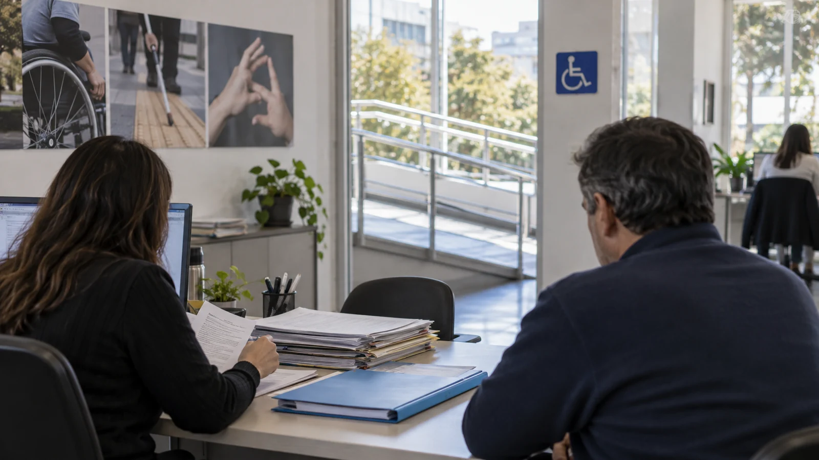 Reunión de trabajo en una oficina pública con documentación y accesos adaptados