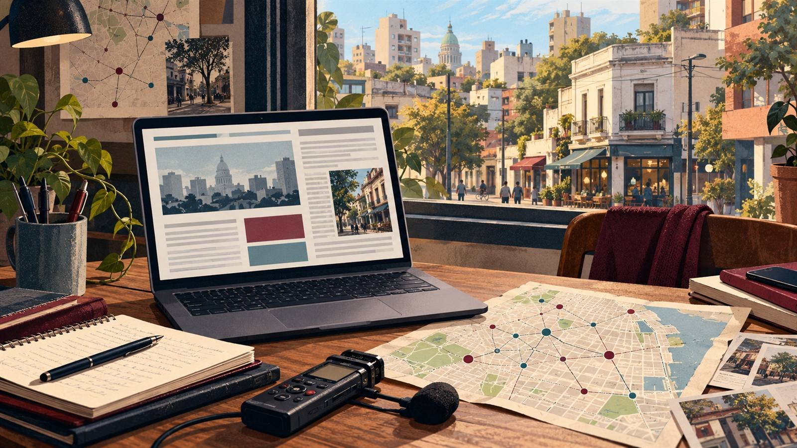 Escritorio con una computadora, una libreta, un grabador y un mapa urbano con conexiones