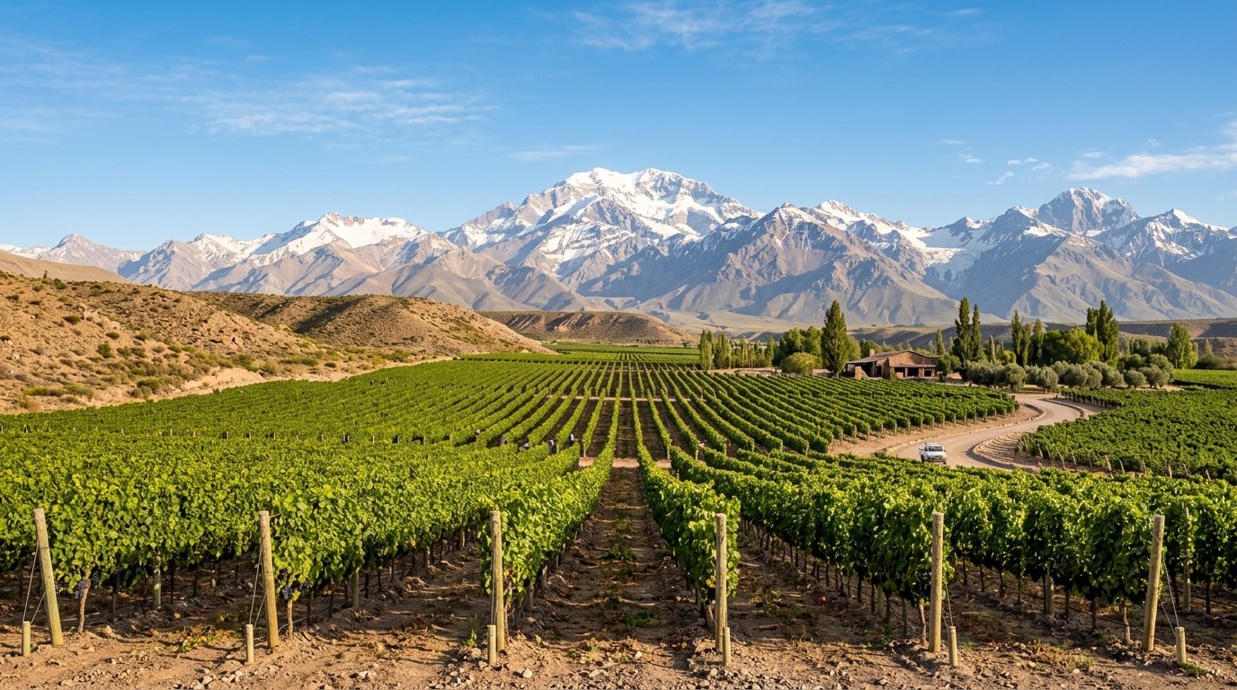 Viñedos de altura en Mendoza con la Cordillera de los Andes de fondo