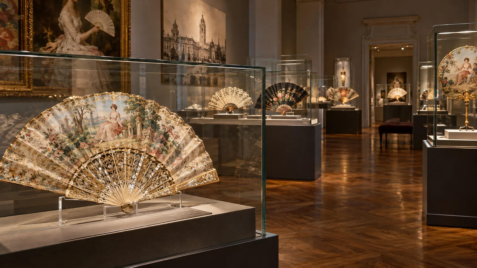 Abanicos históricos exhibidos en vitrinas de un museo