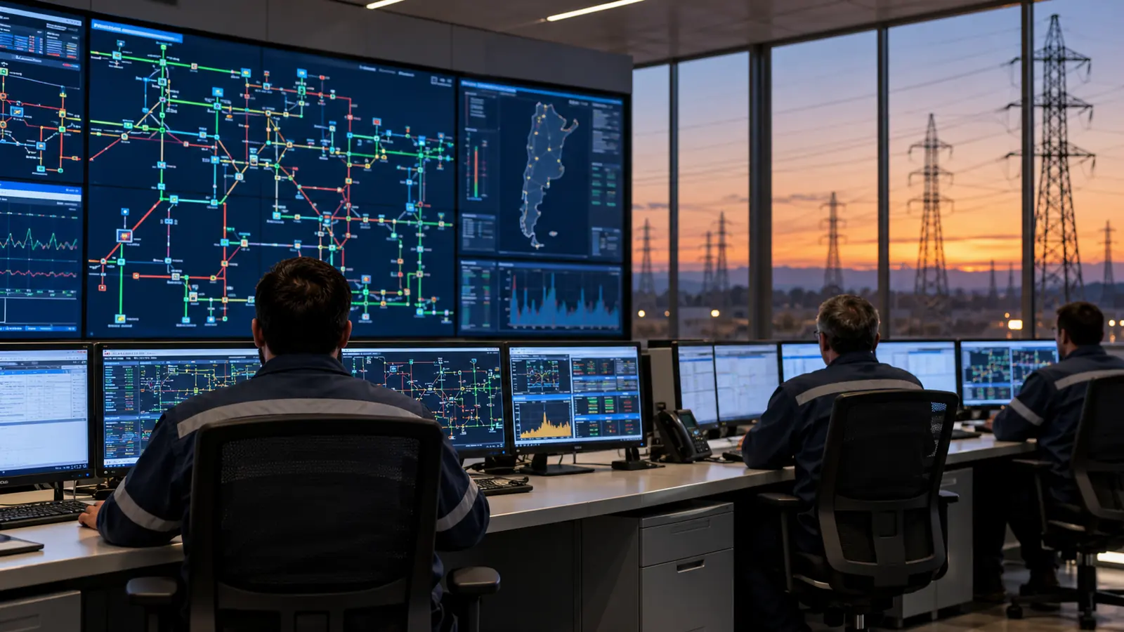 Operadores supervisan la red eléctrica argentina desde una sala de control