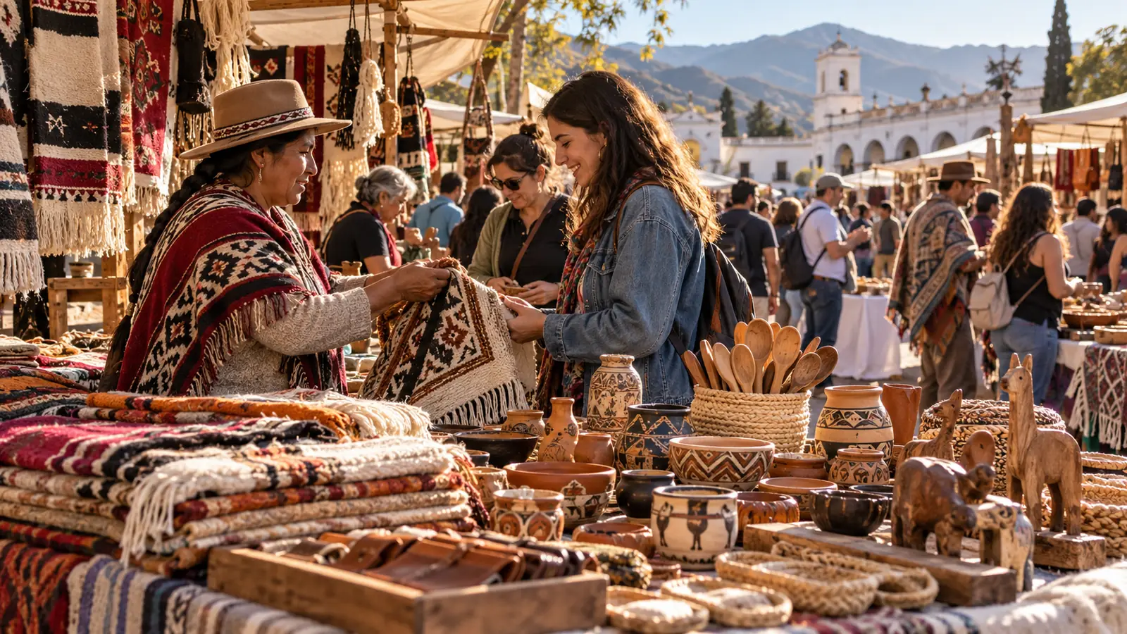 Artesanas y visitantes recorren puestos de textiles, cerámica y madera en un mercado argentino