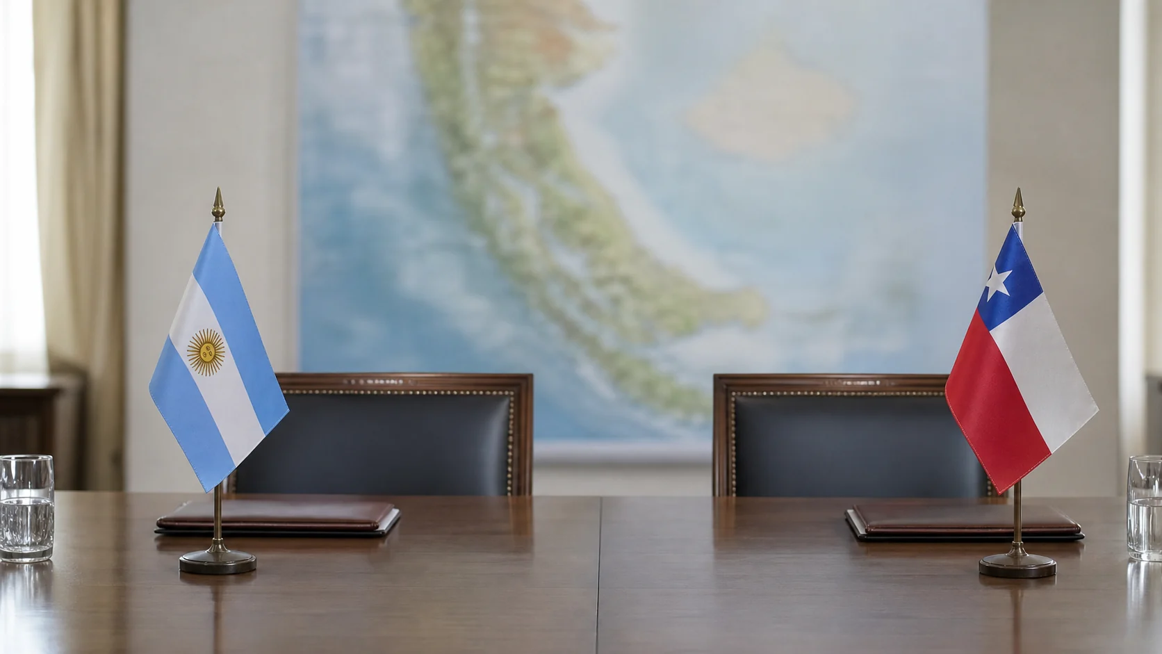 Banderas de Argentina y Chile sobre una mesa de reunión diplomática