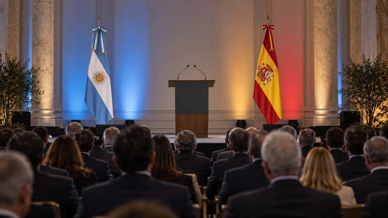 Auditorio y atril vacío con banderas de Argentina y España en una imagen conceptual