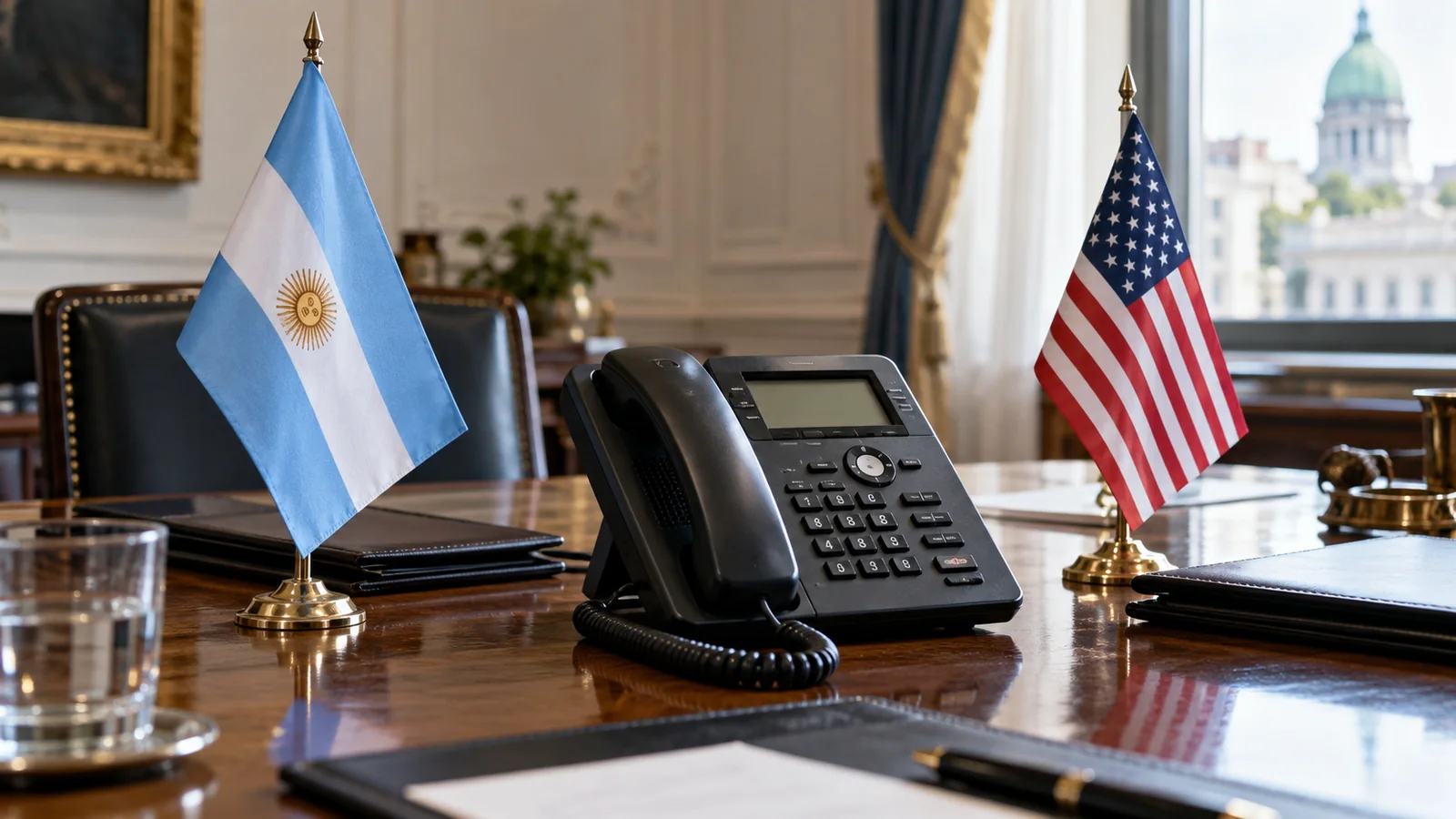 Teléfono institucional sobre un escritorio junto a banderas de Argentina y Estados Unidos