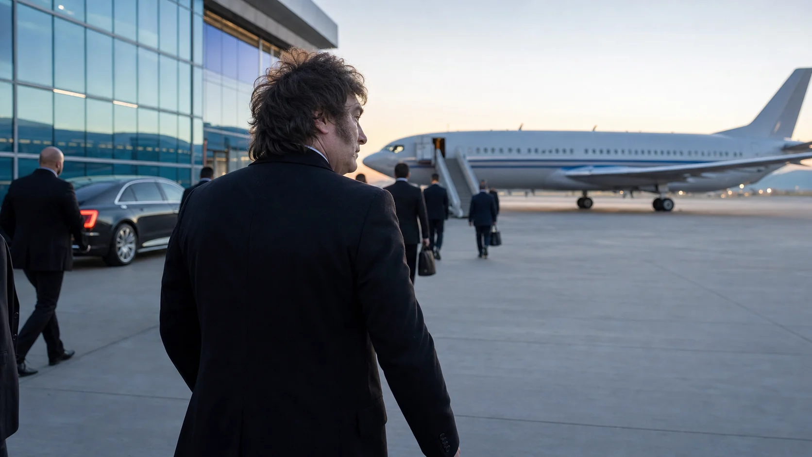 Javier Milei camina por una pista de aeropuerto junto a una comitiva frente a un avión