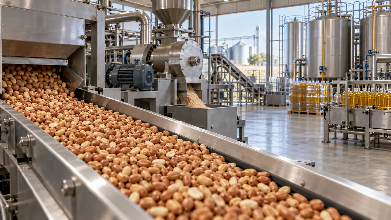 Maní en una cinta transportadora dentro de una planta argentina de molienda y producción de aceite