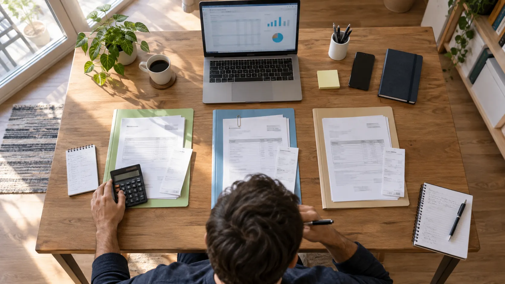 Profesional independiente compara tres carpetas contables con calculadora y computadora