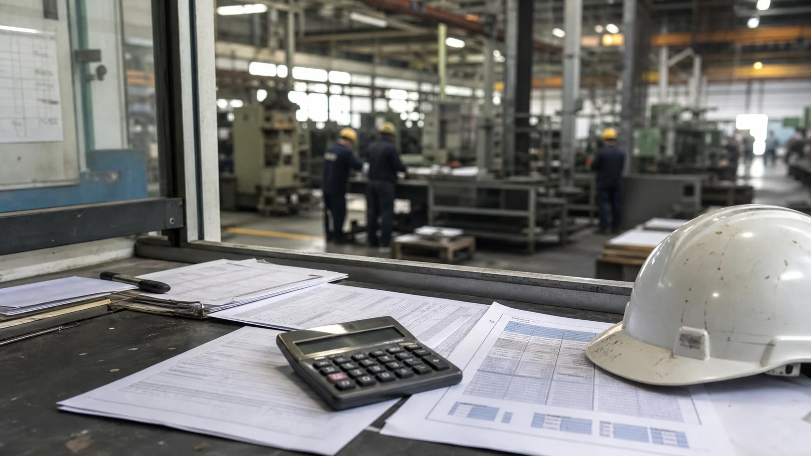 Calculadora y documentos financieros frente a una planta metalúrgica en actividad