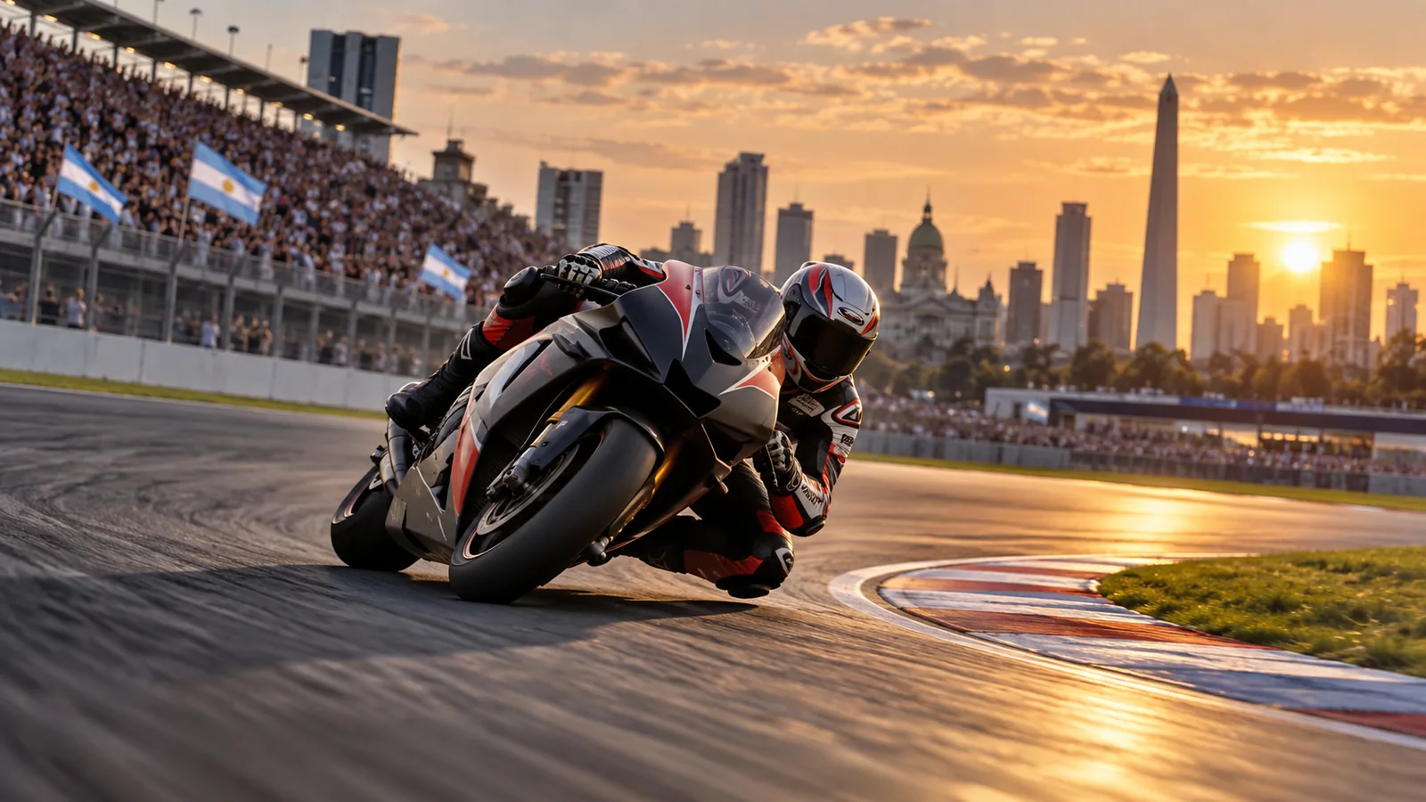 Ilustración editorial de una motocicleta de competición en un circuito con el perfil urbano de Buenos Aires