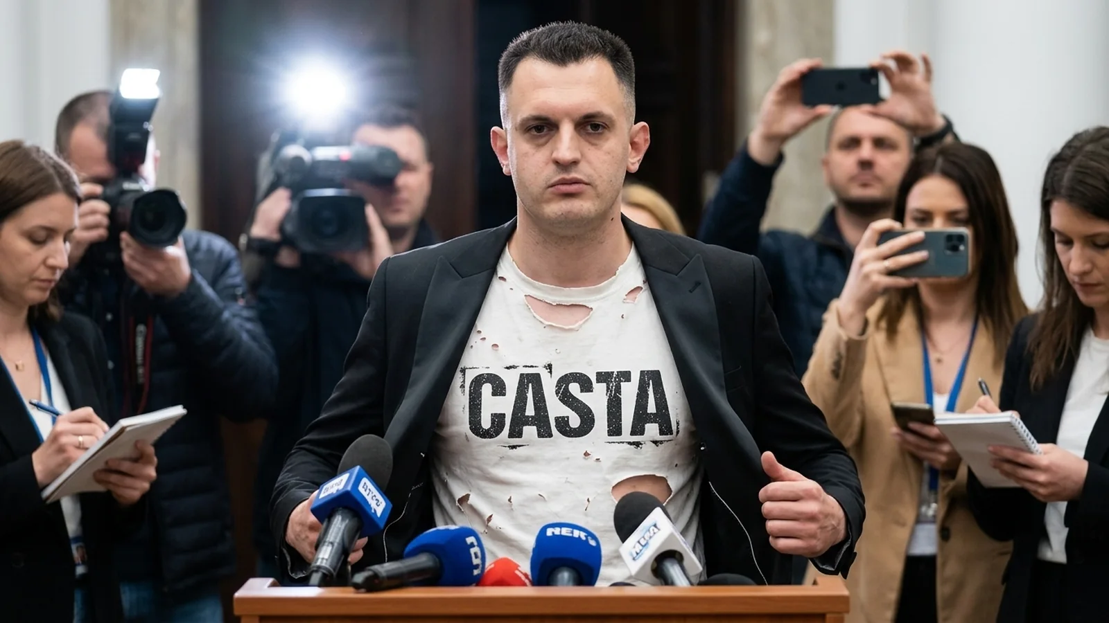 Ignacio Moroni en conferencia de prensa con traje oscuro y una remera con la palabra CASTA