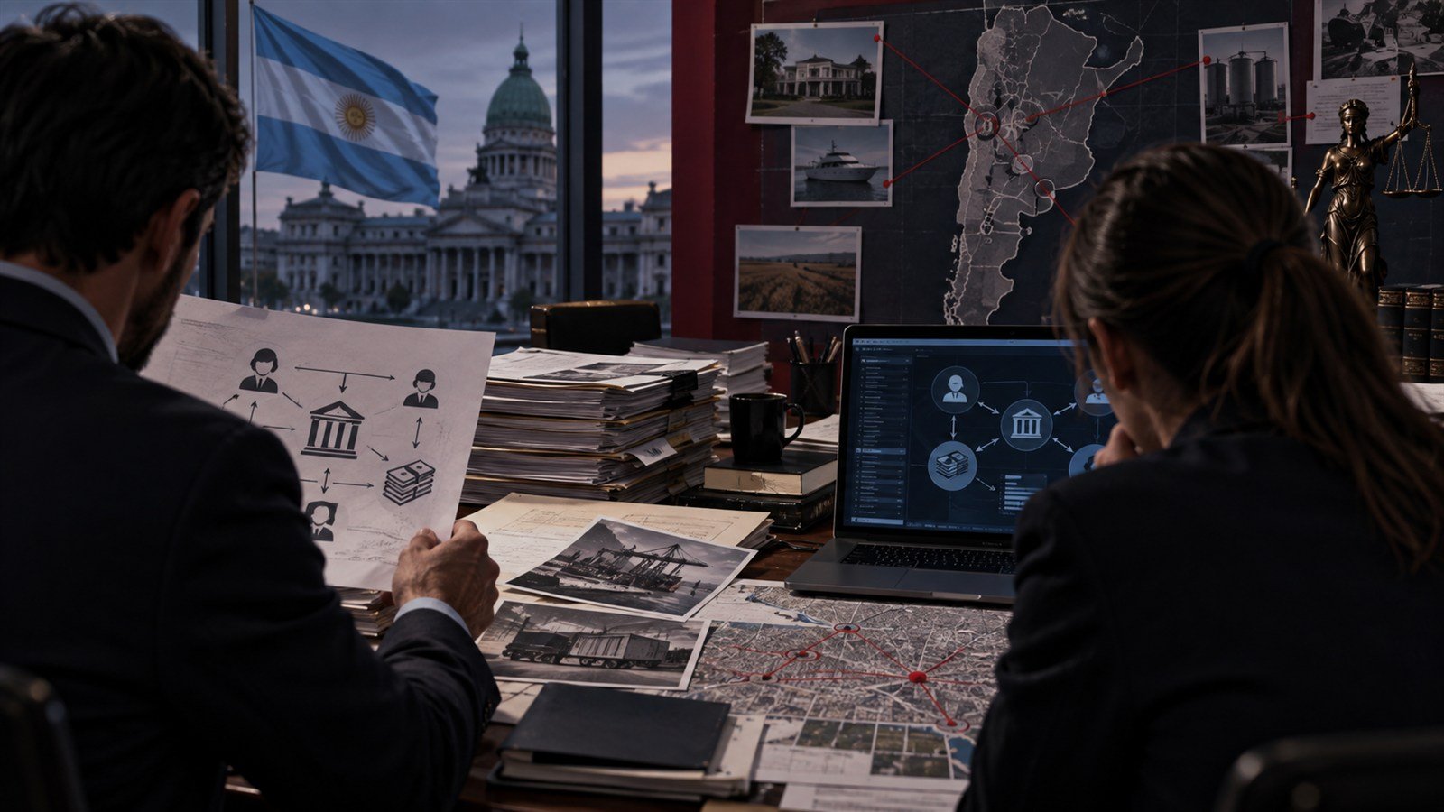 Investigadores examinan documentos, mapas y diagramas de movimientos financieros
