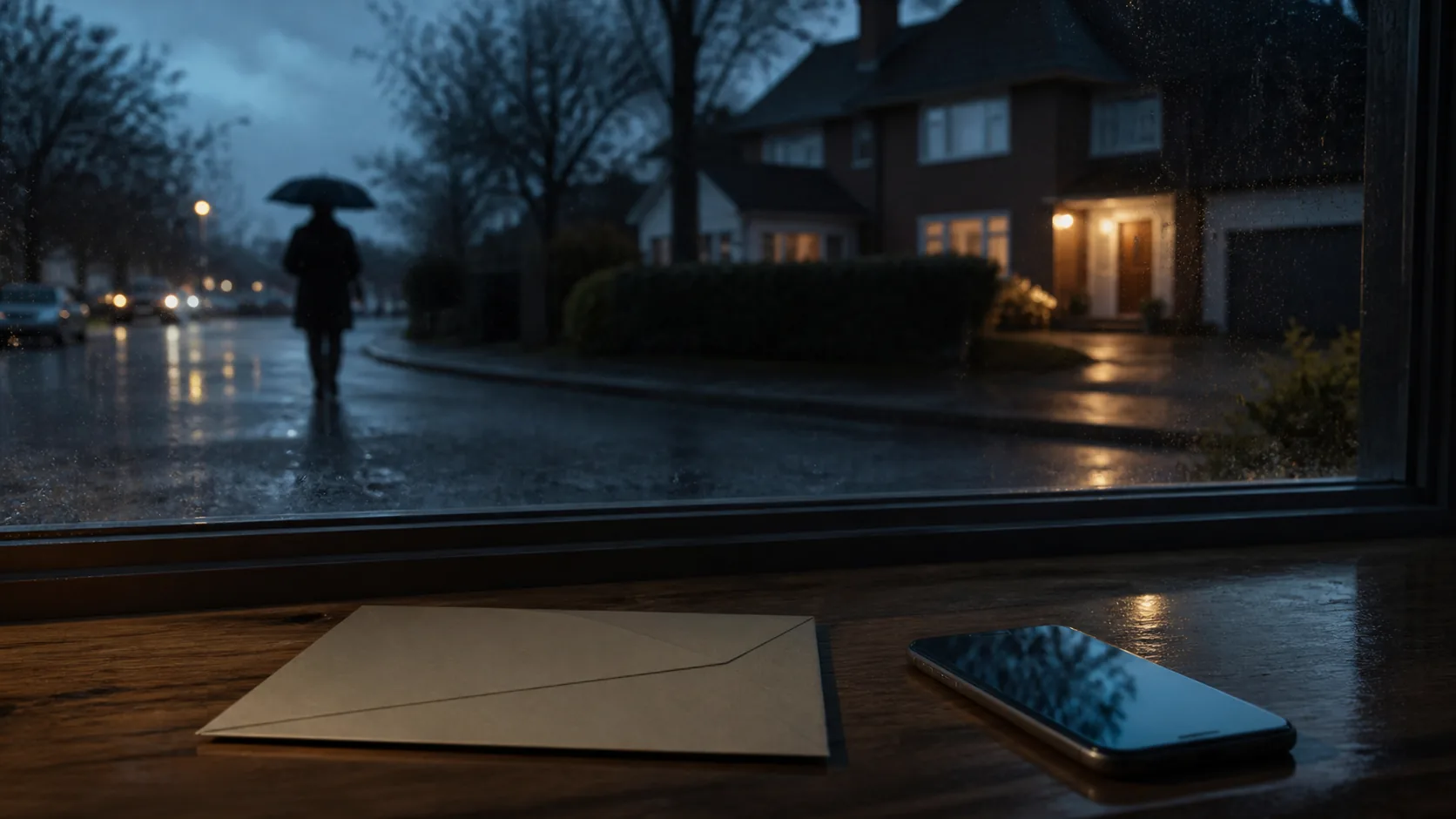 Una figura anónima bajo la lluvia vista desde una casa junto a un sobre y un teléfono