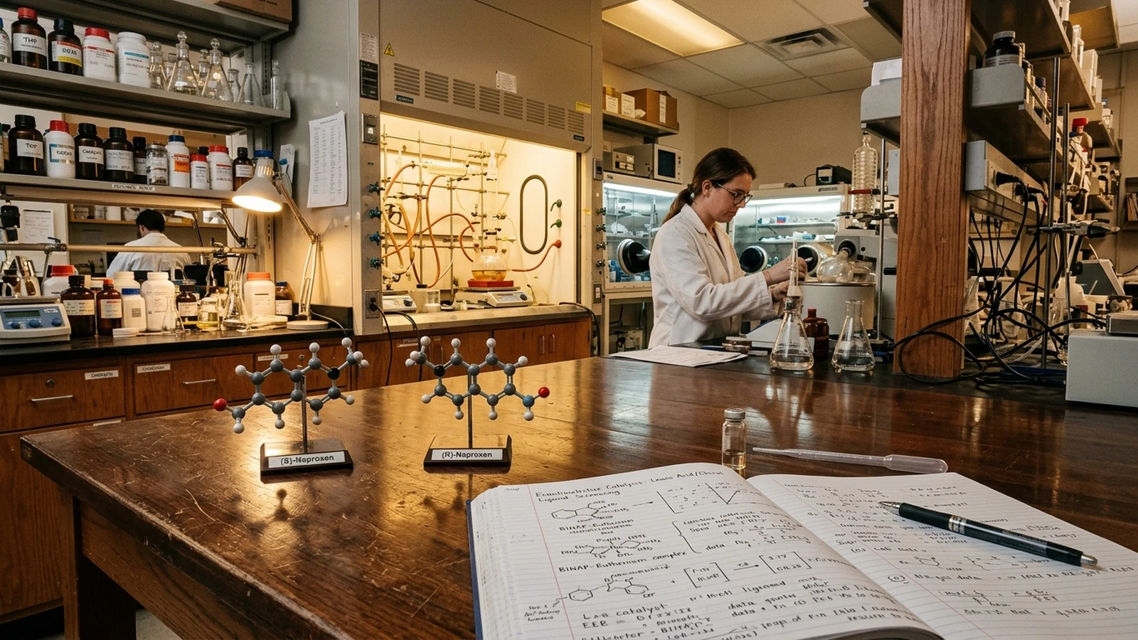 Modelos moleculares tridimensionales de enantiómeros quirales sobre una mesa de laboratorio junto a notas científicas