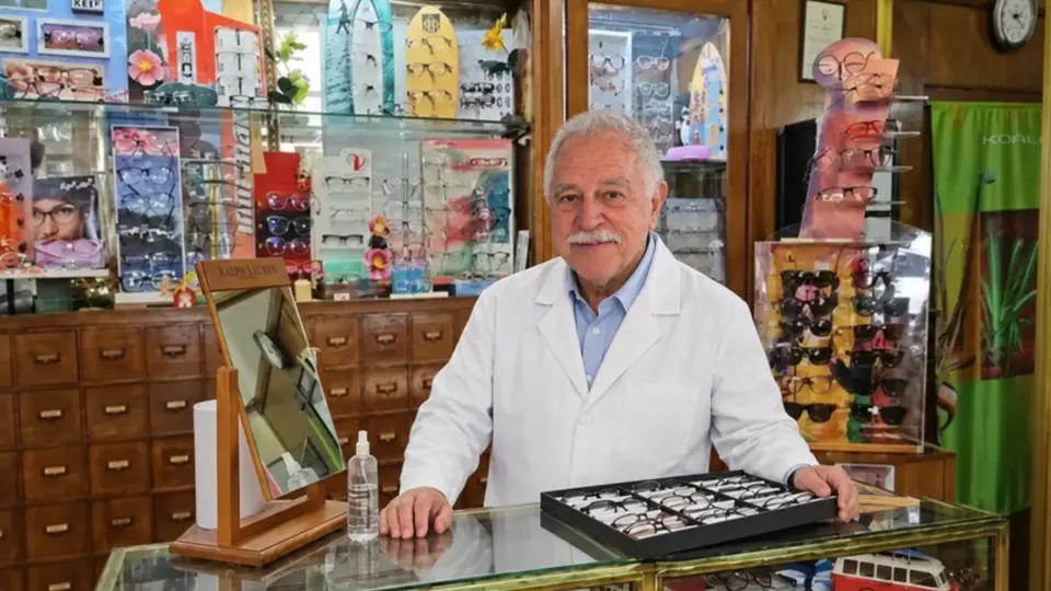 Atención técnica y asesoramiento profesional detrás del mostrador en Óptica Galilei con exhibición de armazones