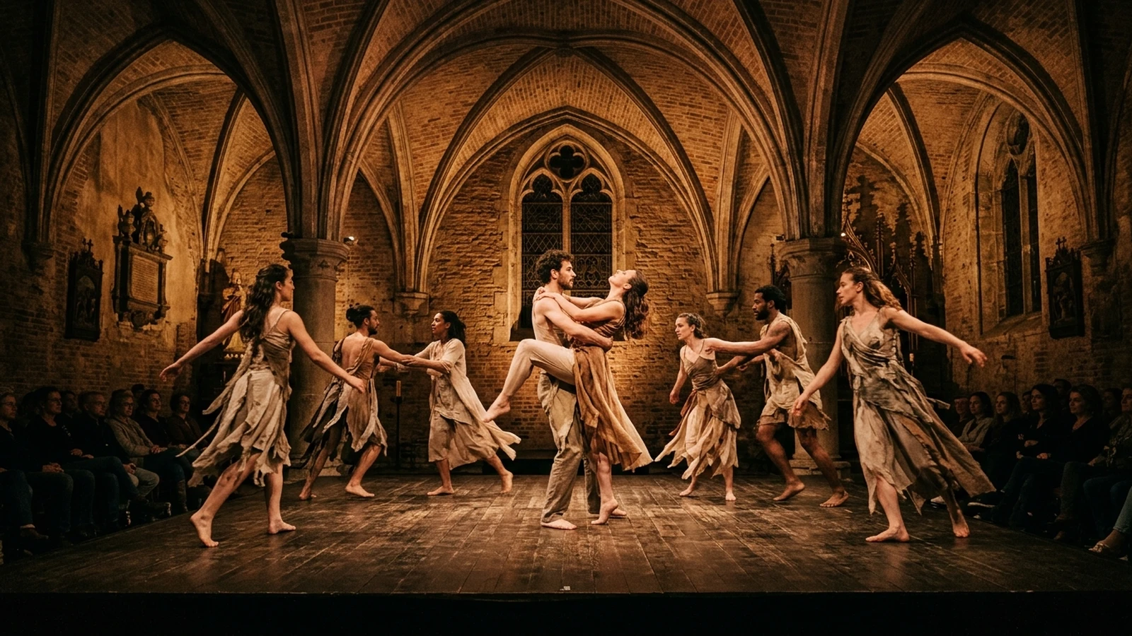 Bailarines en escena durante un pasaje coreográfico de Quimera en La Capilla del Centro Cultural Recoleta