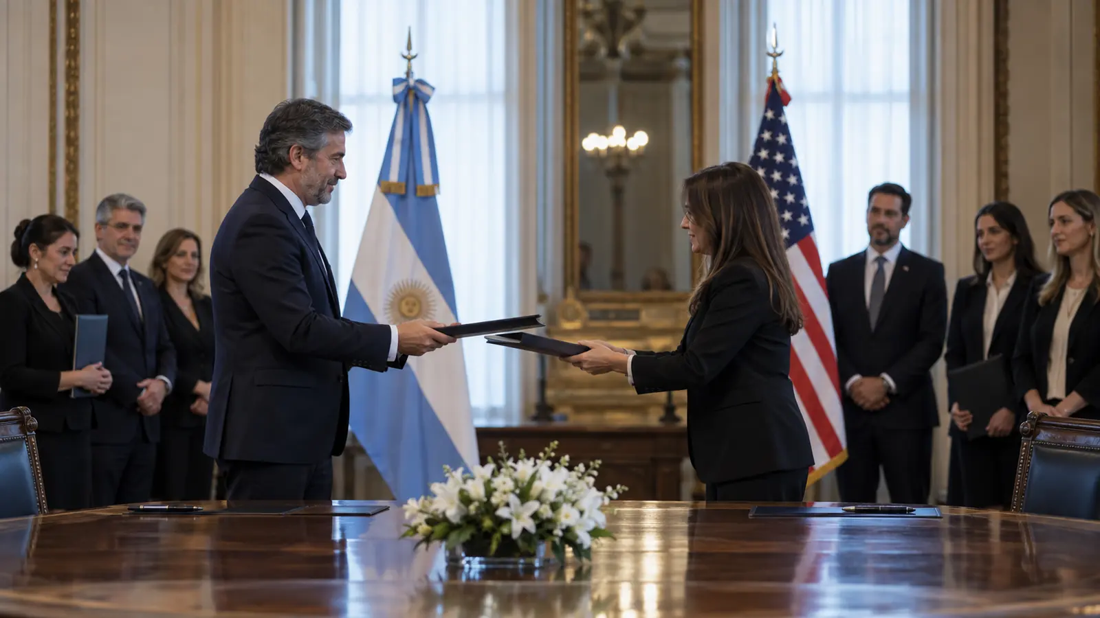 Representantes institucionales intercambian carpetas durante una ceremonia bilateral
