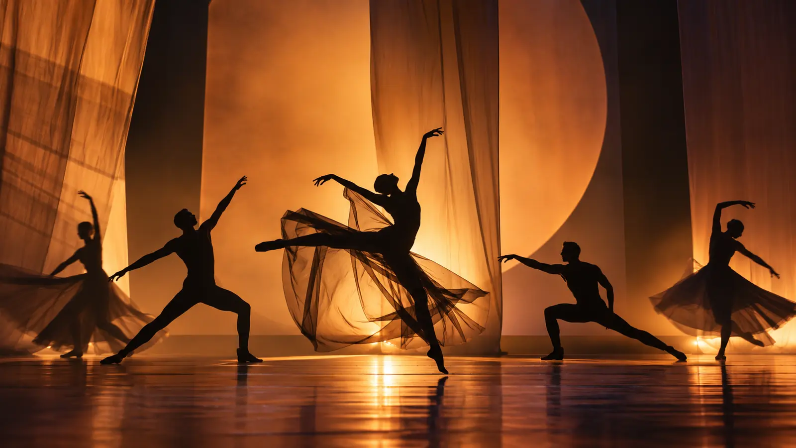 Siluetas de bailarines contemporáneos bajo una iluminación teatral cálida en imagen conceptual