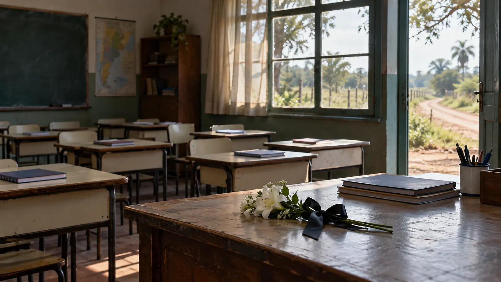 Aula rural vacía con flores blancas y un lazo negro sobre un escritorio