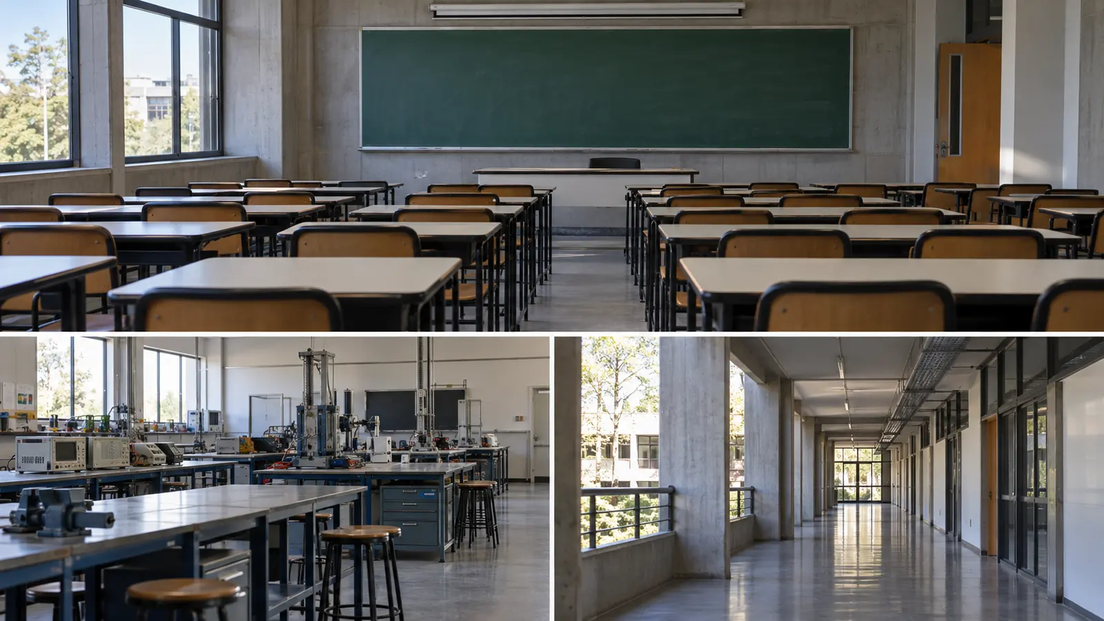 Aula y laboratorio de ingeniería vacíos durante una jornada de paro universitario