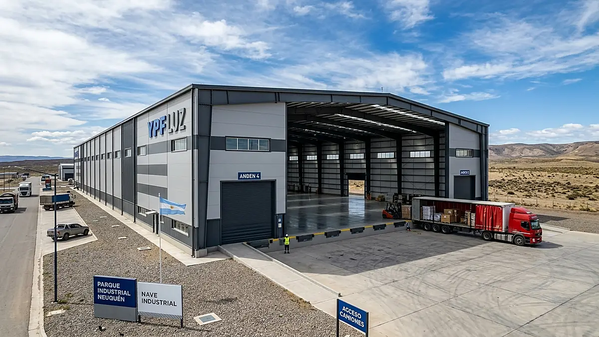 Nave industrial moderna y centro logístico en un parque industrial de Neuquén con la meseta patagónica de fondo