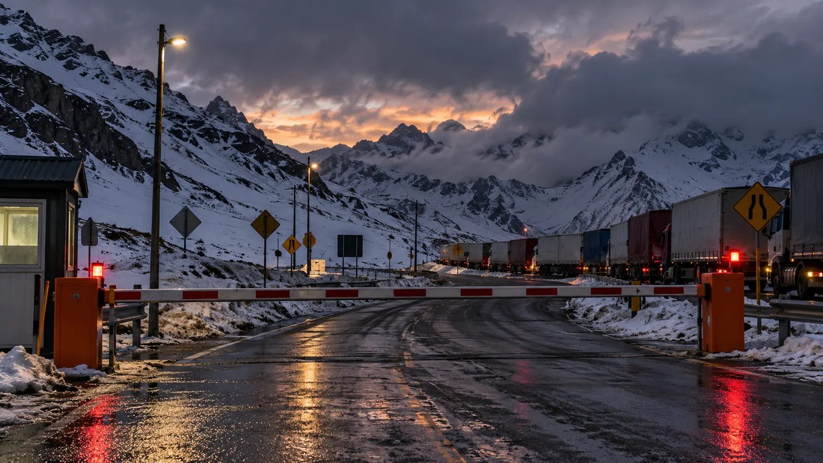 Barrera cerrada y camiones detenidos en una ruta de alta montaña bajo un cielo inestable