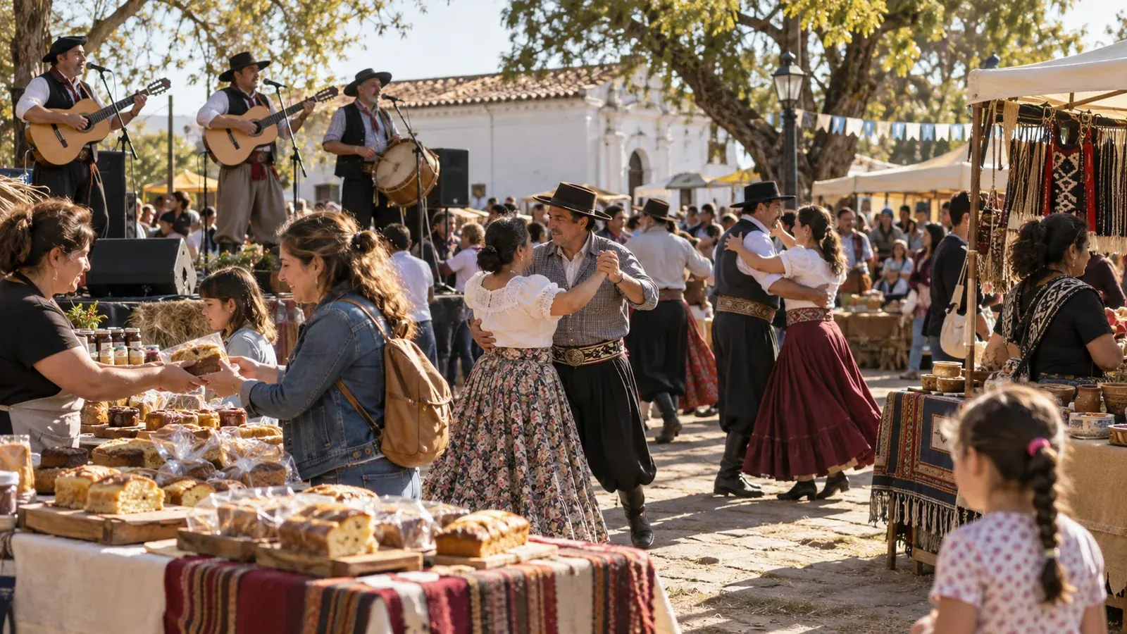Festival comunitario con música folclórica, danza y puestos de productos regionales
