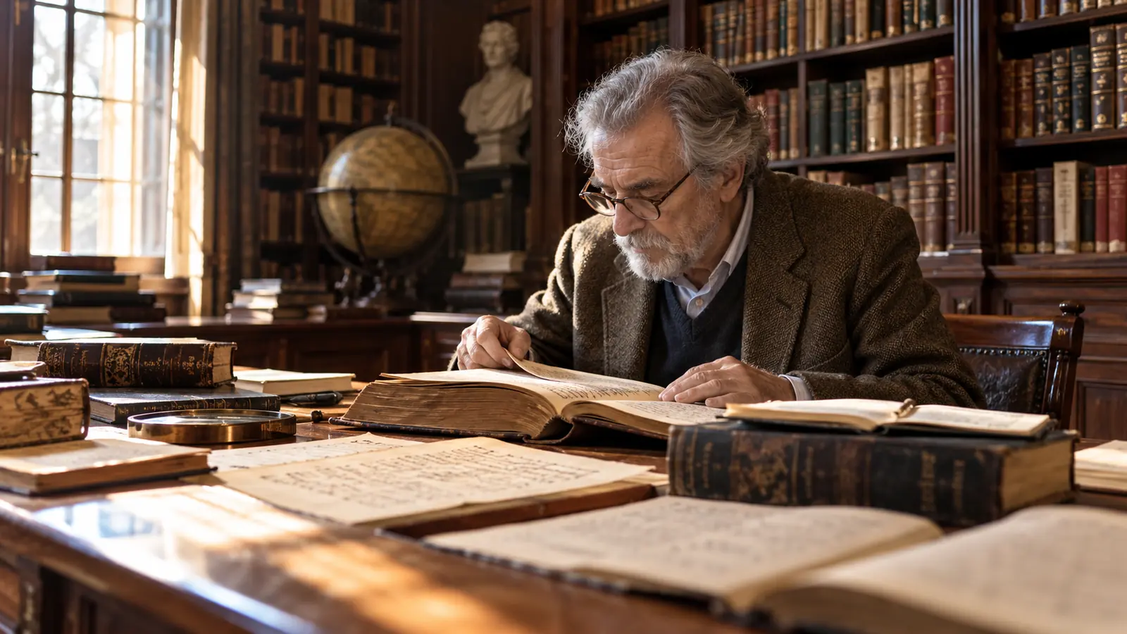 Investigador mayor consulta manuscritos y diccionarios antiguos en una biblioteca histórica