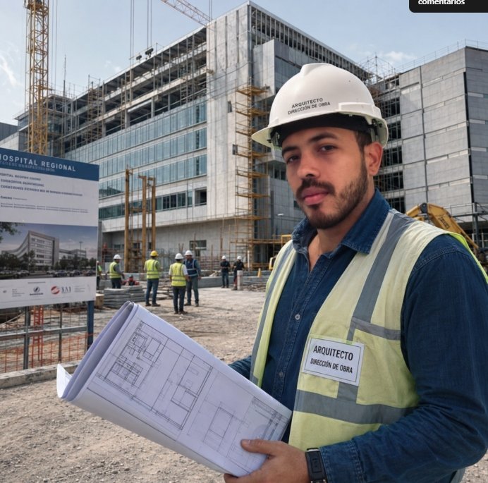Pedro Salgado Díaz, arquitecto especializado en hospitales y sanatorios, revisando planos frente a un hospital en construcción con grúas y andamiajes.